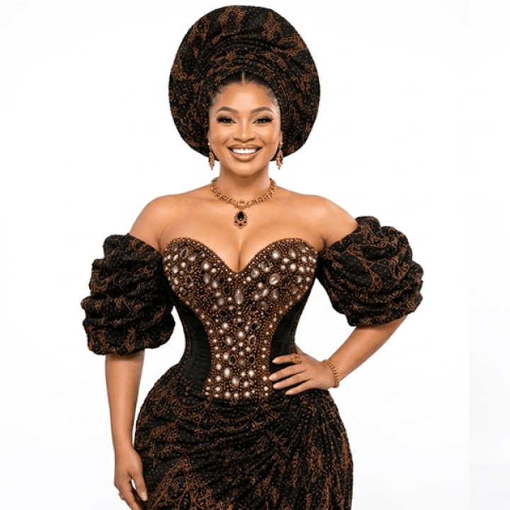 Nigerian George wedding dress, decorated stones, black and gold fabric